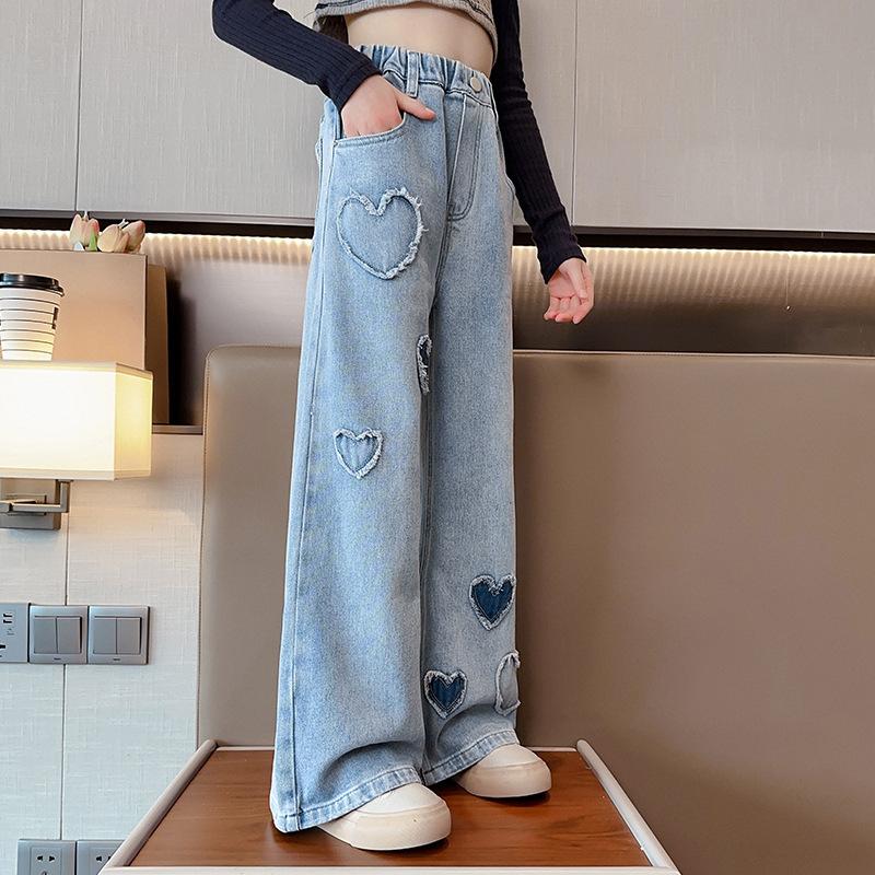 RUOK Mode Tiener Meisjes Denim Wijde Pijp Broek Blauwe Kinderbroek Lente Herfst Liefde Patroon Meisjes Jeans Kinderkleding Meisje 170cm blauw