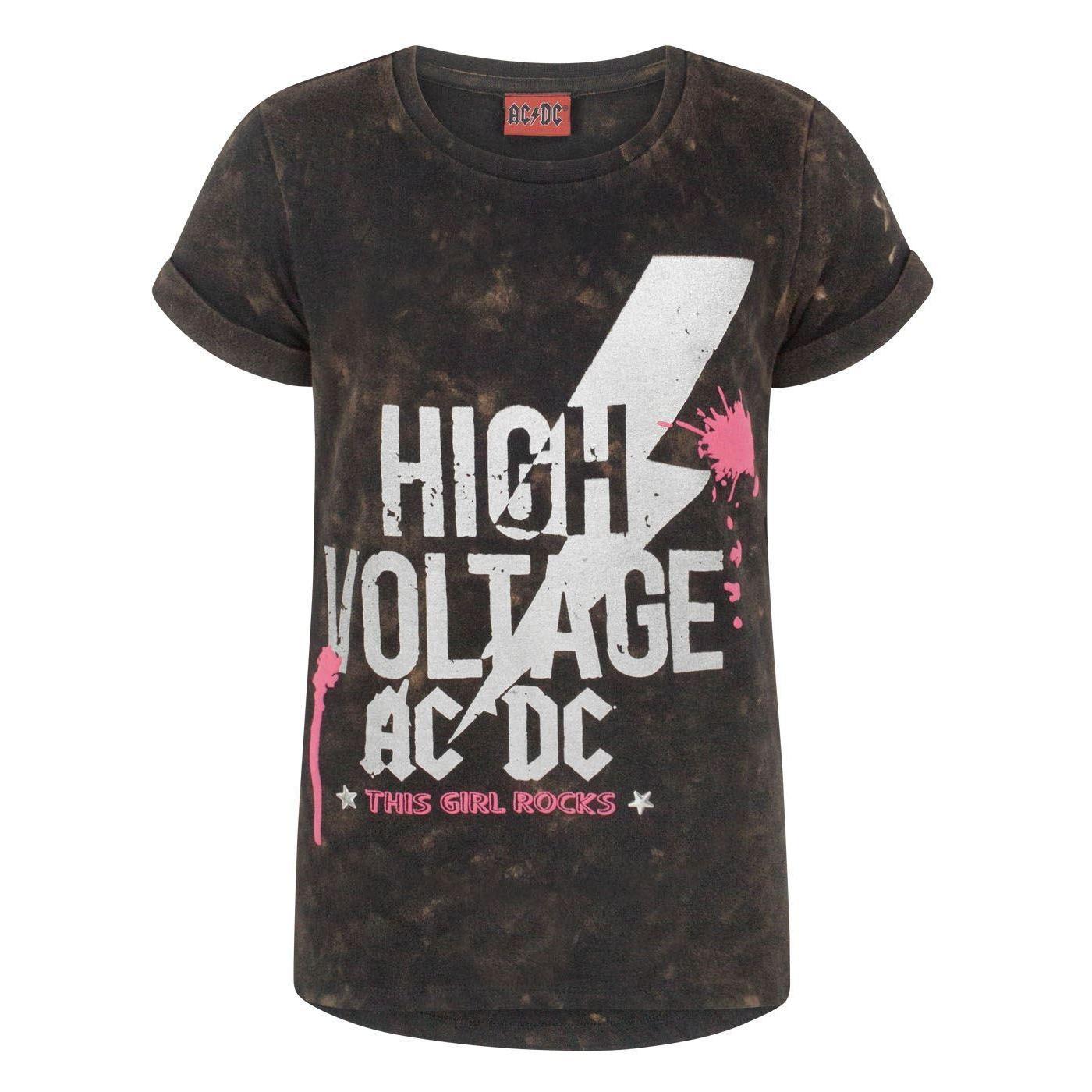 AC/DC T-shirt met hoge spanning en zure wassing voor meisjes 9-10 Years zwart
