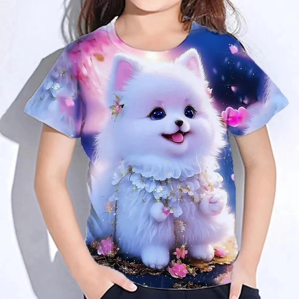 ETST 013 Meisjes Zomerkleding Schattige Harige Kattenprint T-shirt Voor Kinderen Korte Mouw Van 8 Tot 10 Jaar Tieners Koreaanse T-shirts Kinderen 120CM