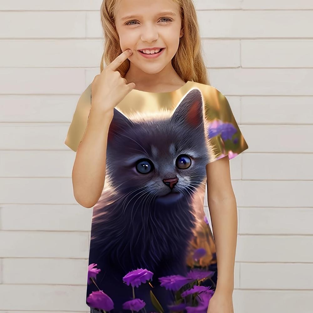Etst 003 Schattig kitten grafisch print kinder T-shirt ronde hals korte mouwen topjes casual T-shirt voor kinderen meisje zomer buitensporten 160cm