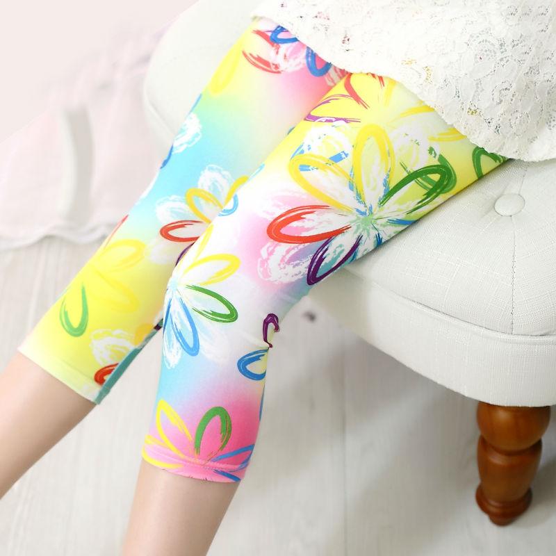Topzeros Meisjes Leggings Zomer Kinderen Skinny Broek Elastische Zijde Ademend Casual Potlood Broek Bloemenprint Kinderen Leggings Meisjes Capri's 140