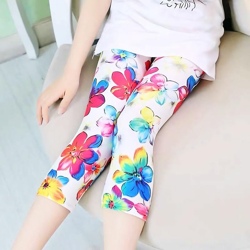 Topzeros Meisjes Leggings Zomer Kinderen Skinny Broek Elastische Zijde Ademend Casual Potlood Broek Bloemenprint Kinderen Leggings Meisjes Capri's 140