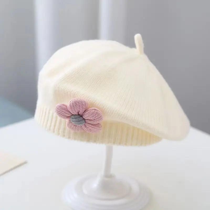 91530112MAC2FPQ14M Bloem Baby Baret Hoed Winter Warm Gebreide Beanie Cap voor Baby Meisjes Koreaanse Peuter Prinses Kunstenaar Effen Kleur Schilder Caps One Size wit