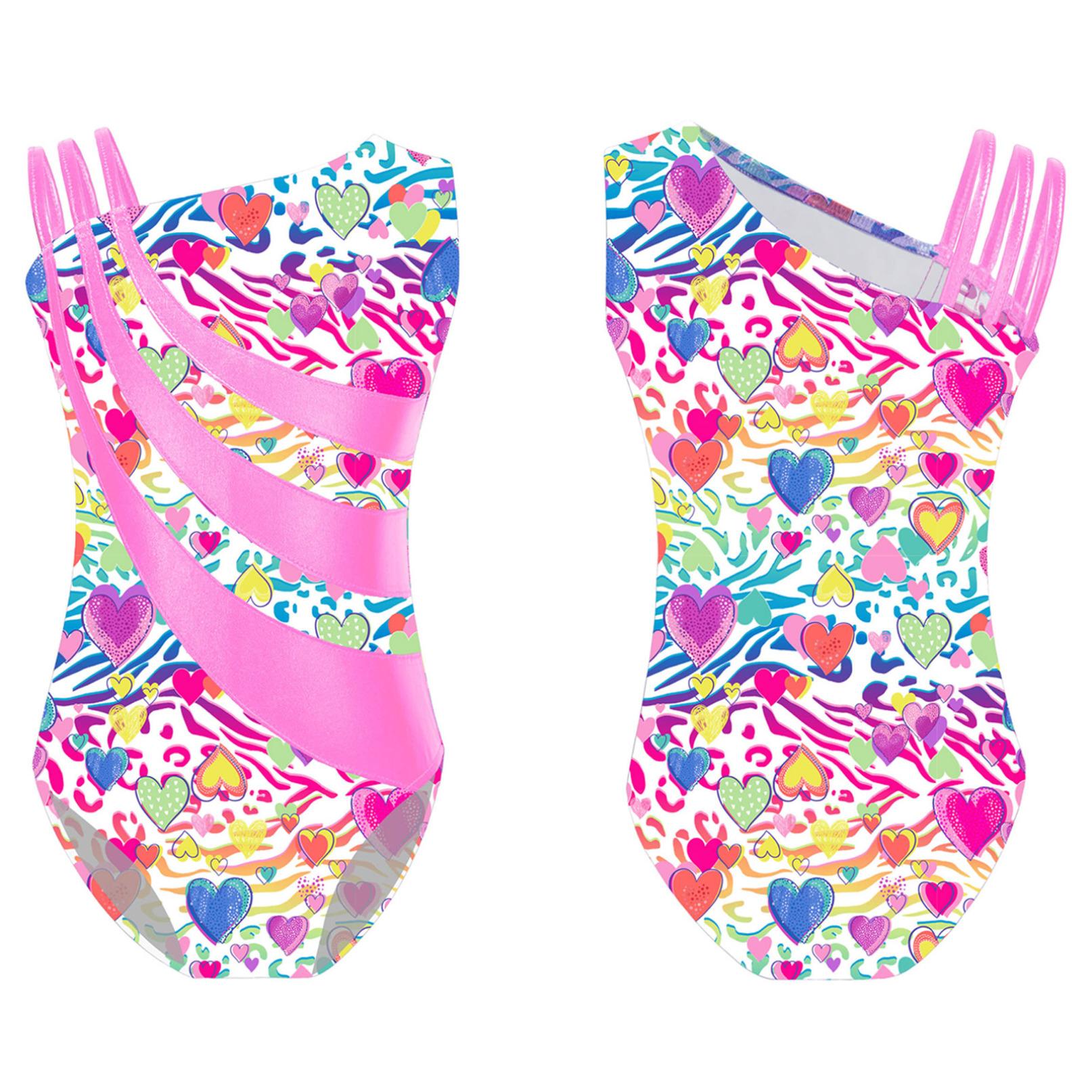 Inlzdz 3-14 jaar meisjes metallic glanzend schattig gedrukt turnpakje asymmetrische schouderband gymnastiektraining bodysuit 5-6 Years
