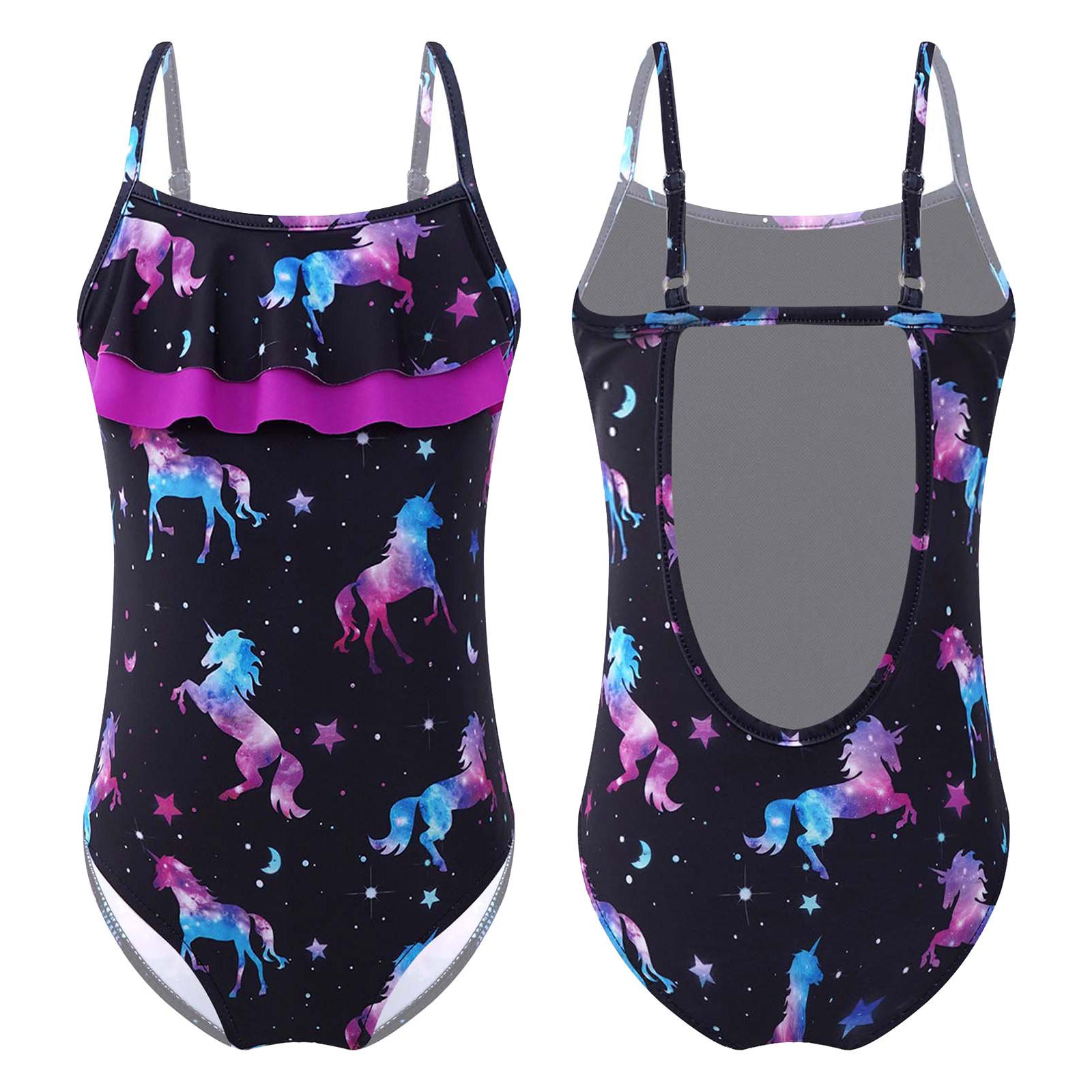 Manyakai Kinderen Meisjes Badpak Eendelig Surfling Badmode Bedrukte Badpakken Patroon Zwemmen Badpak Gymnastiek Leotard 15-16 Years zwart