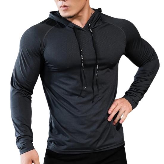 Yunzhu Heren Sport Top Trekkoord Capuchon Lange mouw Slim Fit Zacht Ademend Hoge Elasticiteit Sneldrogend Holle Mesh Jogging Training Zomer Lente Sweatshirt L