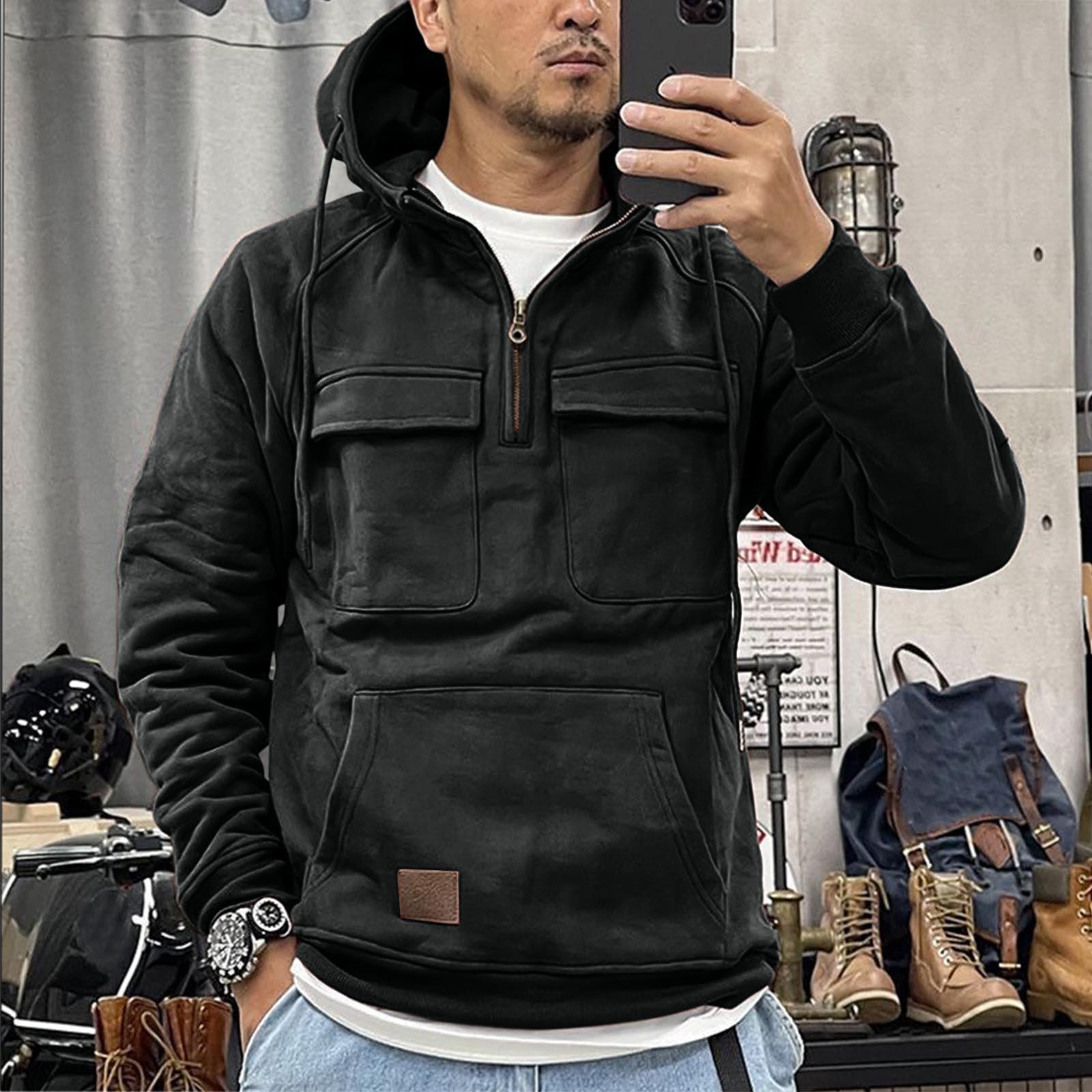 Constantine Effen kleur herensweater met capuchon, Europese en Amerikaanse jeugdsport leren trui met meerdere zakken en patch XL zwart