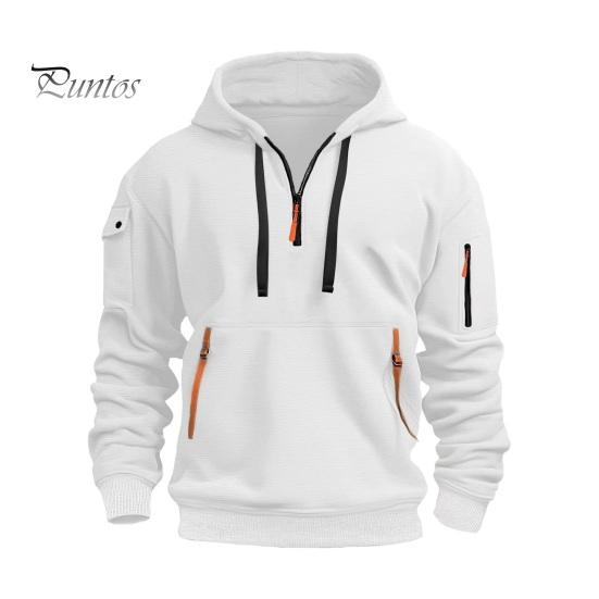 DILLER Heren Herfst Winter Hoodie Effen Kleur Trekkoord Lange Mouwen Halve Rits Arm Zak Band Decor Capuchon Losse Dagelijkse Draag Casual Sport Top M wit