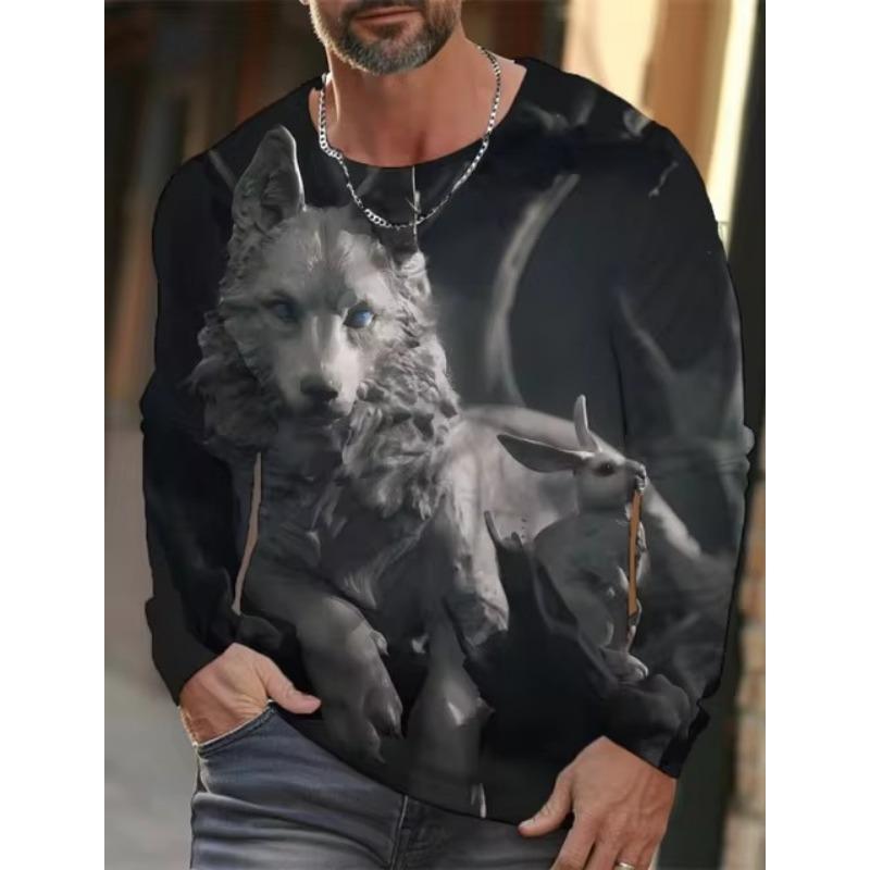 Forever Men Heren T-shirt met lange mouwen 3D-geprinte high-definition wolf dierenprint Heren herfsttops Casual ronde hals T-shirt 6XL