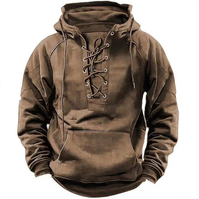 FX Men Mode Heren Hooded Sweatshirts Vetersluiting Trekkoord Lange Mouw Losse Hoodies Heren Streetwear Vintage Effen Kleur Hoodie 2XL kaki