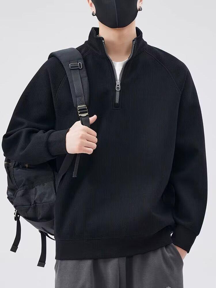 PulseTrade Trendy katoenen sweatshirt met textuur, strepen en halve rits voor heren, met fluwelen voering 2XL zwart