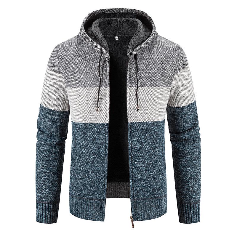 VantaGoods Dikke fluwelen capuchon jeugd heren losse warme gebreide rits cardigan trui voor herfst en winter Large grijze kleur/blauw
