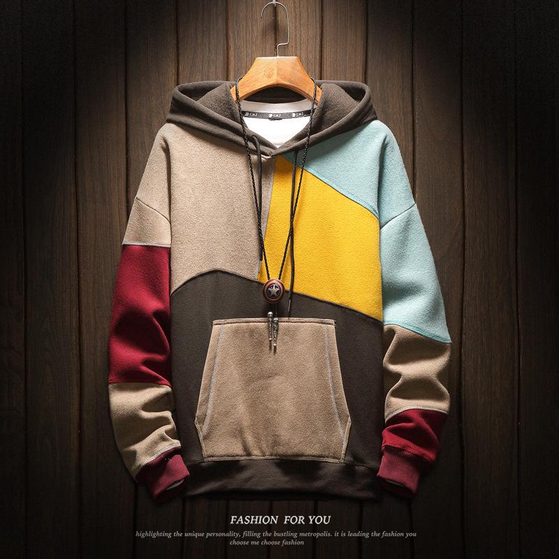VantaGoods Fluwelen colorblock-hoodie voor heren: Casual en losse herfst-/winterjas voor jongeren en koppels XL
