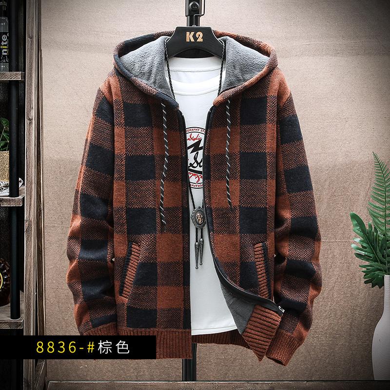 Yoghurt Heren Fleece Warm Cardigan Plaid Trui Capuchon Winterkleding Harajuku Jas Volledige Rits Cardigans Jas Mode Gebreide Trui M  50-55kg