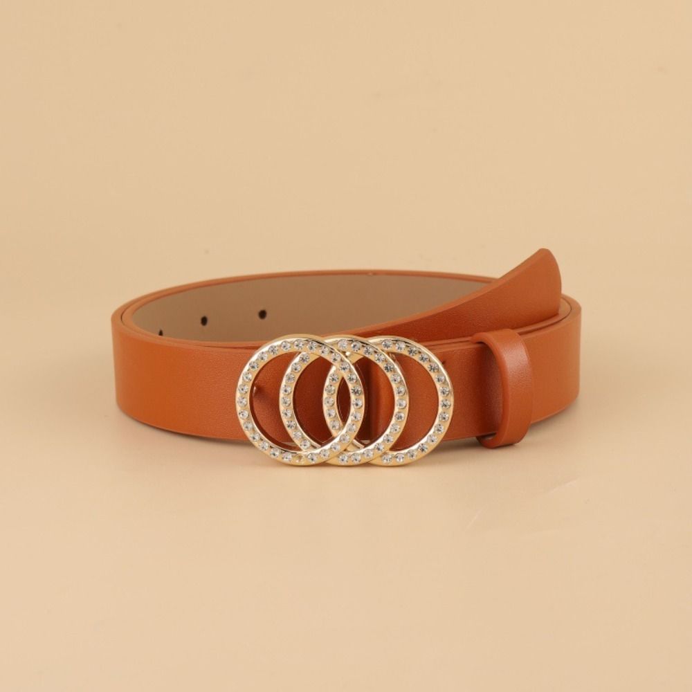 JTRkasac with Three Ring Rhinestone Slide Buckle Belt Luxury Design Thin Waist Strap  For Women bruin