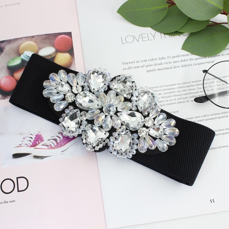 VantaGoods Elegante brede elastische riem voor dames met kristalaccent – veelzijdig en verkrijgbaar in drie kleuren wit/diamant