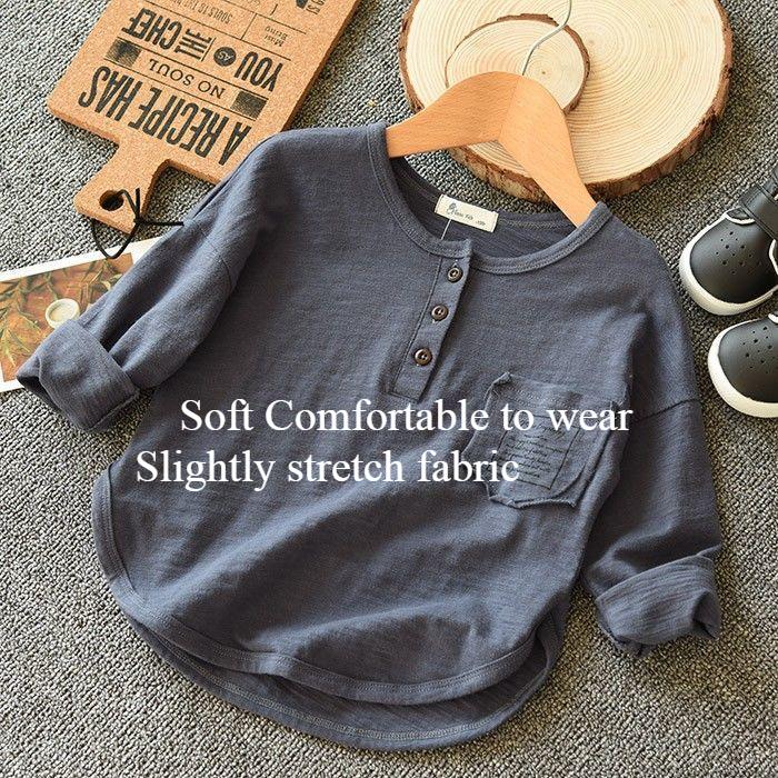 Yoghurt Jongen Knop Katoen Lange mouwen T-shirts Effen Kleur Lente Herfst Letters Zak Kinderen Dieptepunt Shirts 2-12 jaar Jongens Tops 110 (height 100-105cm) grijs