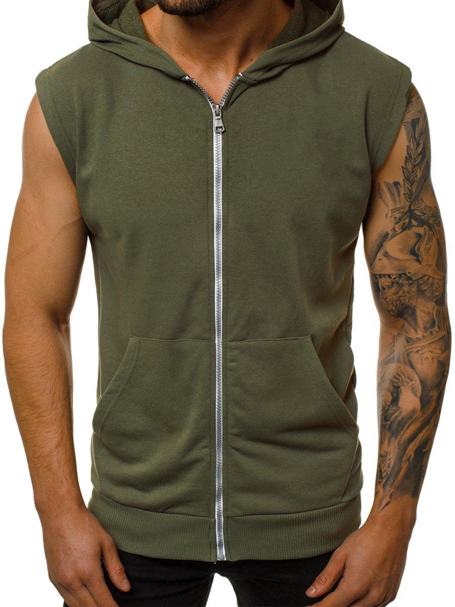 Straight Fire Fashion Heren sportmode vest nieuwe lente fitness mouwloos sportvest heren vest met capuchon en rits bovenkleding XL legergroene kleur