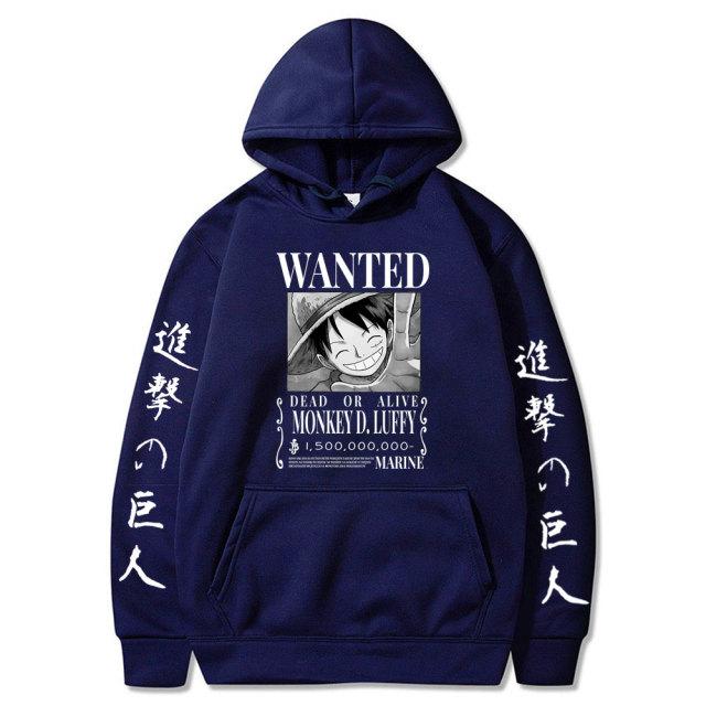 Super maller Aanval op Titan Een Stuk Luffy Hoodie Mannen Mode Homme Fleece Hoodies Japanse Anime Gedrukt Mannelijke Streetwear Oversized Kleding M marineblauwe kleur