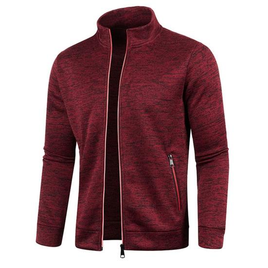 Meizhenchang Heren herfst winterjas opstaande kraag lange mouwen nekbescherming ritssluiting effen kleur dikke elastische casual zachte heren sweatshirt jas 2XL wijnrode kleur