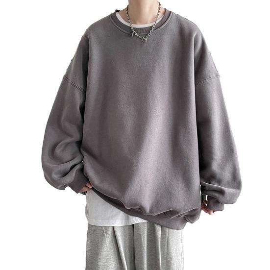 Tianhangyuan Heren herfst winter sweatshirt losse effen kleur ronde hals lange mouw dikke warme zachte unisex casual eenvoudige stijl paar top XL donkergrijze kleur