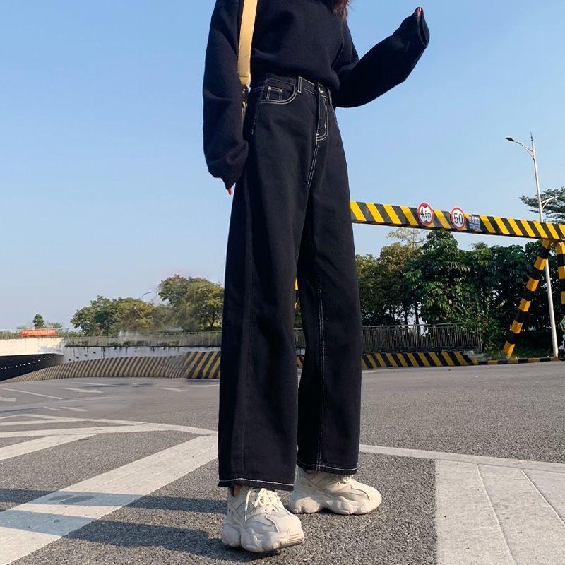Fantastic wardrobe Jeans Dames All-match Koreaanse stijl Dweilbroek Denim Vintage Zwart Effen Hoge Taille Herfst Baggy Chic Street Casual S zwart