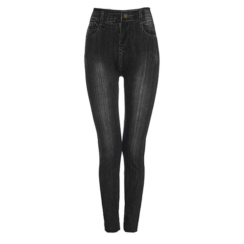 Fluffy Dames Plus Size potloodbroek Imitatie jeans Denim broek Hoge taille legging Casual 3XL zwart
