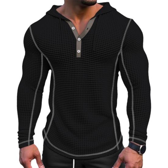 DILLER Herenwafel effen katoenen hoodie, ademend, stijlvol, slim fit, knoopsluiting, comfortabele casual herentrui met lange mouwen 3XL zwart