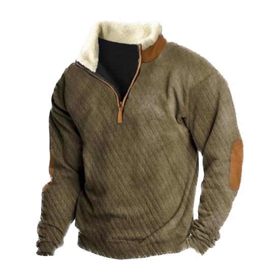 DILLER Herfst Winter Heren Sweatshirt Kleuraanpassing Patchwork Pluche Rits Opstaande Kraag Retro Trui Lange mouw Zacht Ademend Halflange Heren Dagelijkse Top M kaki