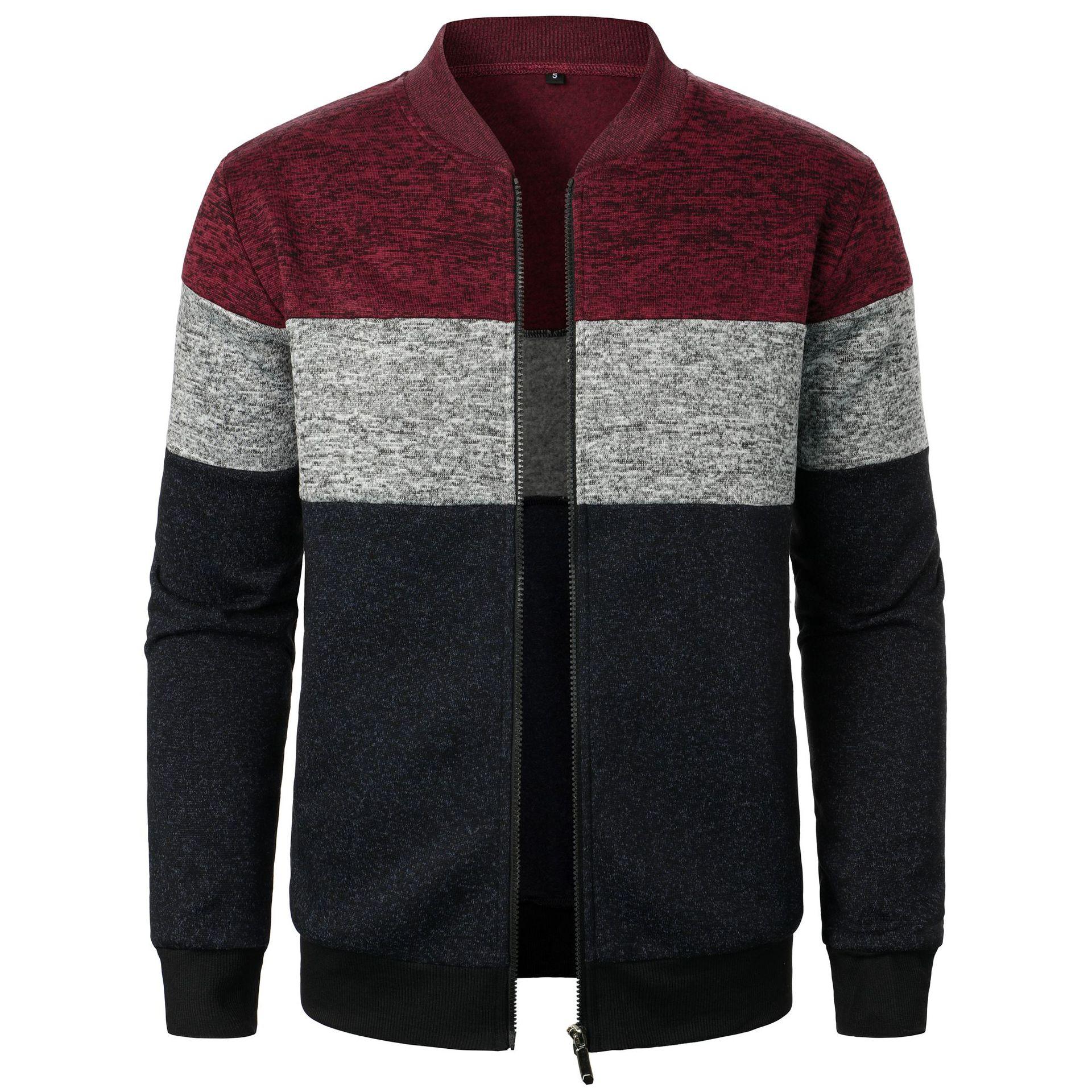 Casual Fashion S Herfst Winter Cardigan Trui Heren Fleece Rits Truien Fluweel Contrast Gestreepte Trui Jassen Casual Jassen L wijnrode kleur
