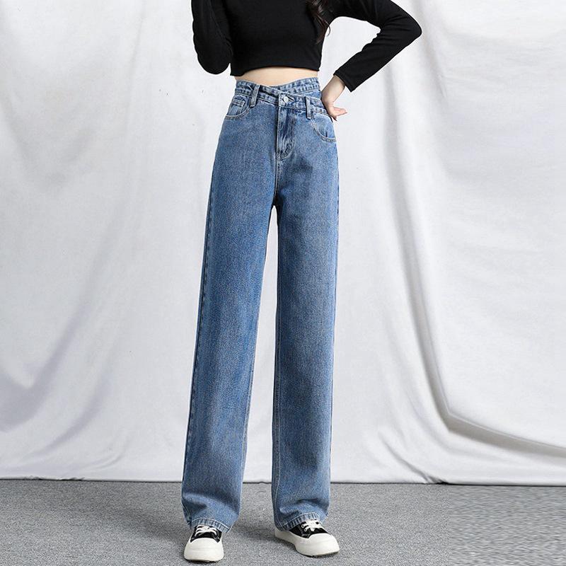 VantaGoods Dames jeans met hoge taille, blauwgrijze wijde pijpen, maat S, tot op de grond met onregelmatige schuine gesp, perfect voor de lente en herfst. Large