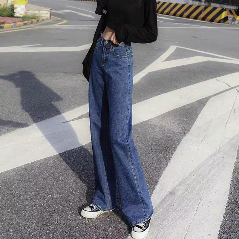 VantaGoods Lichtblauwe rechte jeans met hoge taille voor studenten met een maatje meer. Losse en strakke pasvorm. Perfect voor de lente en herfst. 2XL donkerblauwe kleur