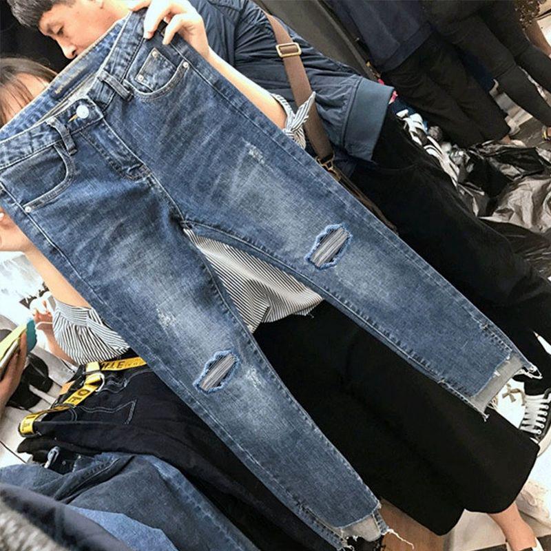 VantaGoods Dames High Waist Slim Fit Skinny Jeans met onregelmatige splitten en gescheurde details S blauw