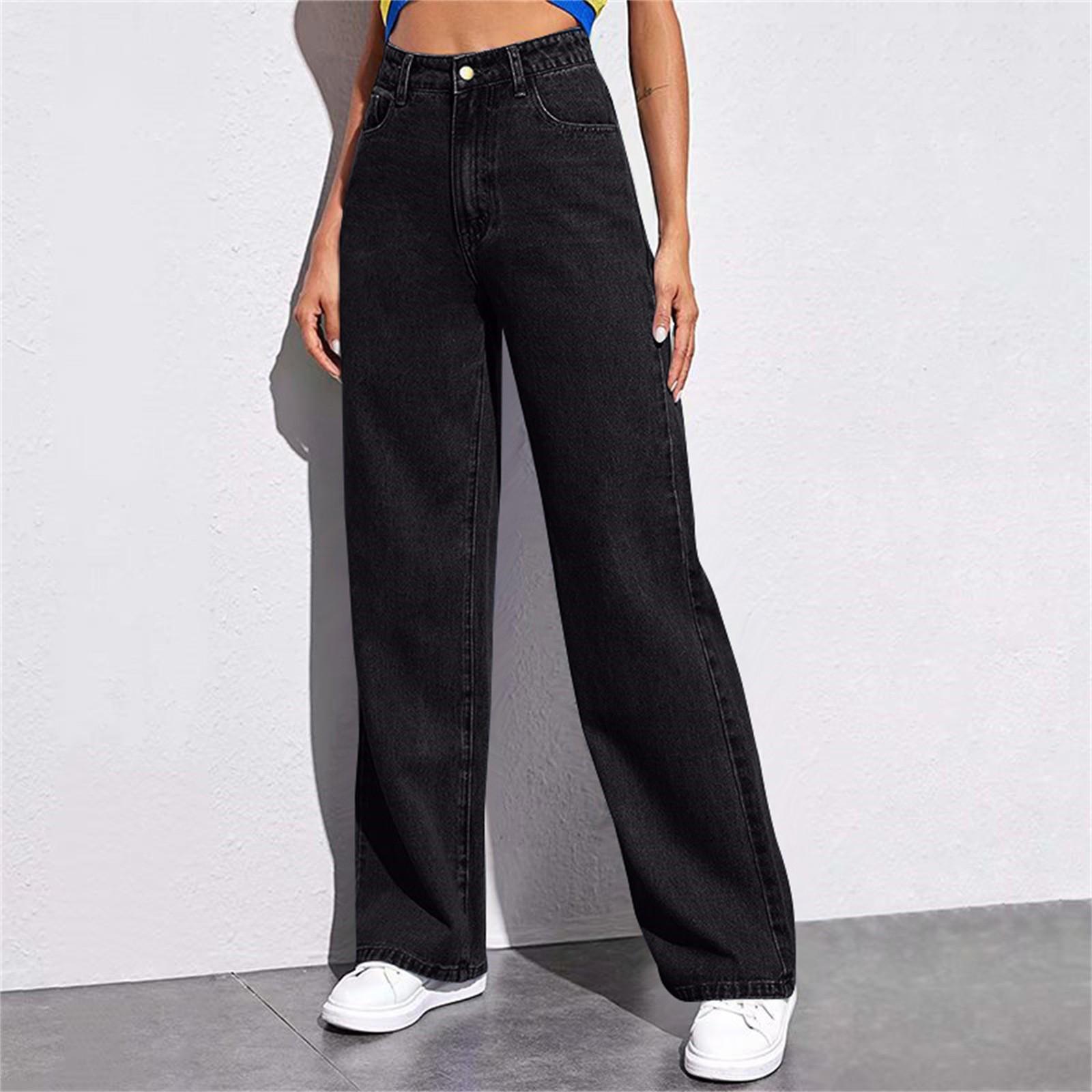 BLUEE Dames rechte klokbodem jeans hoge taille knoopsluiting broek effen denim broek met zakken voor dagelijks gebruik school woon-werkverkeer XS