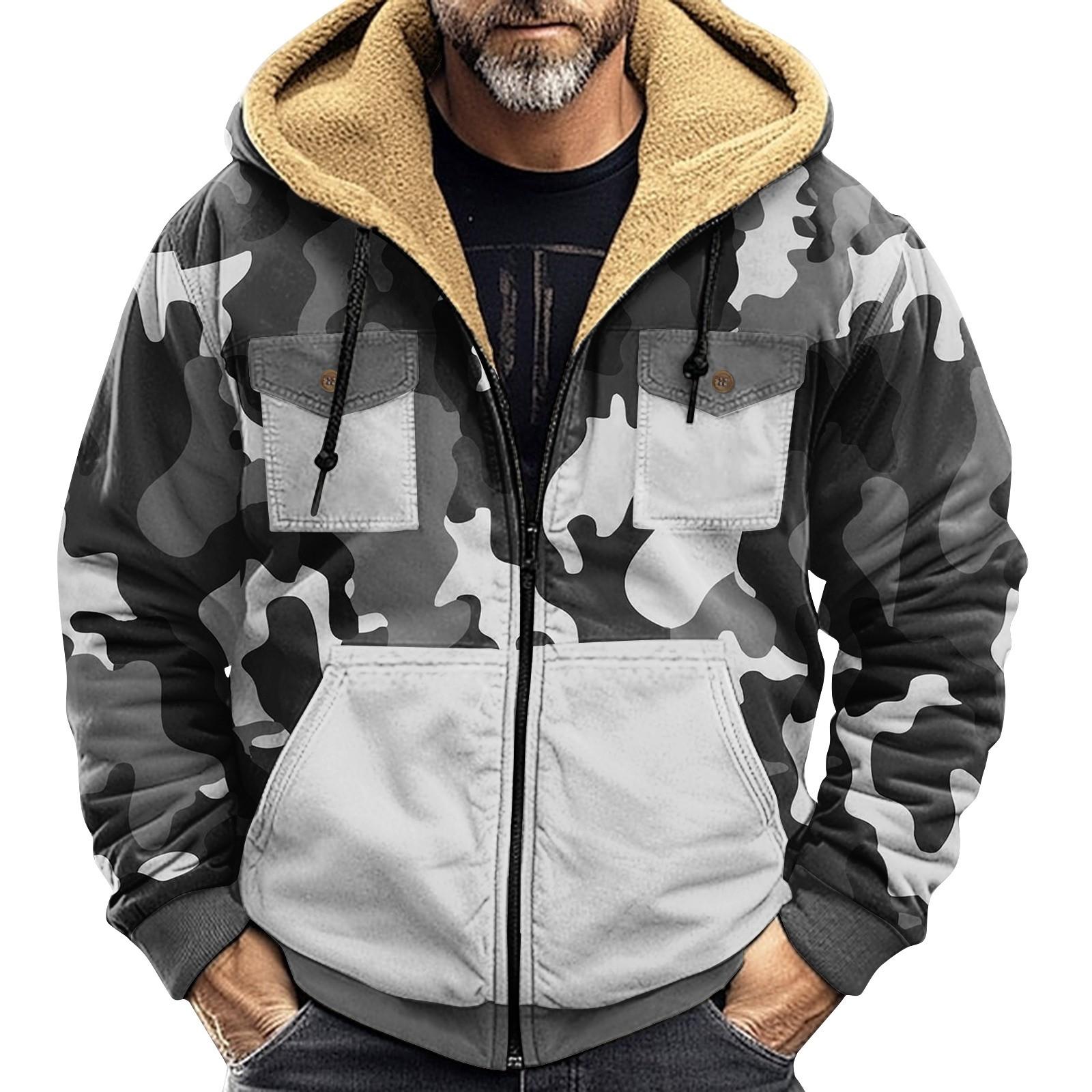 Timoduizhang Heren Winter Camouflage Print Jas Heren Casual Trend Rits Capuchon Jas XXXL wit