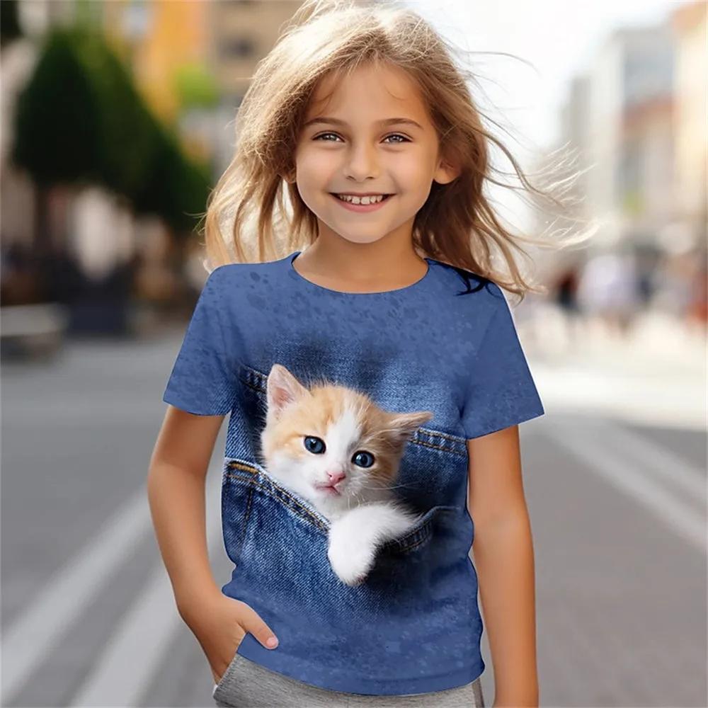 ETST WENDY 012 Zomer Nieuwe Kinderen Nieuwe Schattige Kattenpatroon 3D-Print T-shirt Meisjes Mode Schattige Patroon Casual Trendy Korte Mouwen Tops 120