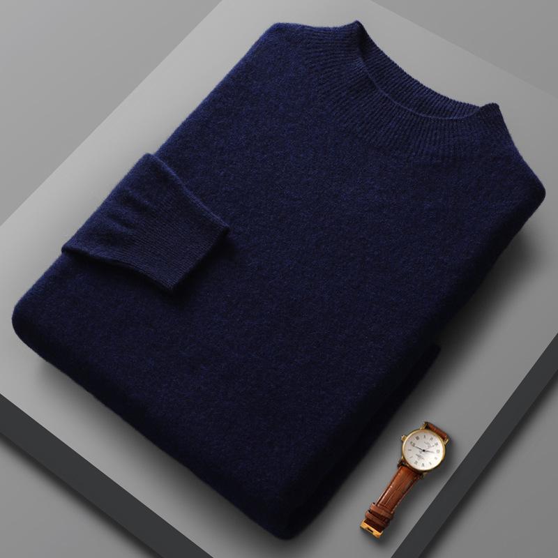 The second face a man Herfst- en wintertrui voor heren van 100% fijne wol, gebreide trui met halfhoge kraag, gerepareerde kasjmiertrui, warme effen onderlaag XXXL marineblauwe kleur