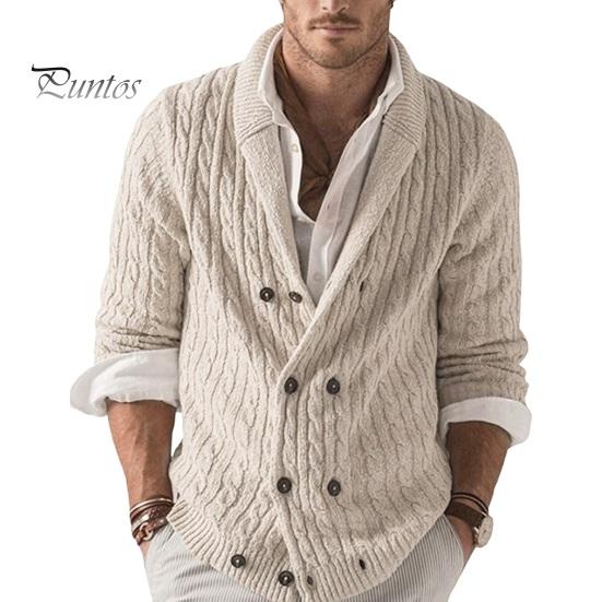DILLER Herfst Winter Heren Trui Dubbelrijs Knopen Revers Lange Mouwen Gedraaide Textuur Effen Kleur Dikke Rekbare Gebreide Jas S beige