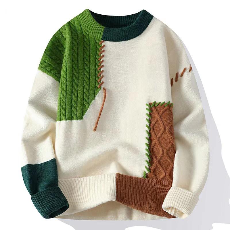 VantaGoods Unisex Japanse Stijl Patchwork Contrasterende Kleur Ronde Hals Casual Trui Large groen