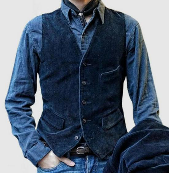 Top Men Wardrobe Heren Retro Corduroy Vestjack - Werkkleding & Casual Britse Stijl XL blauw