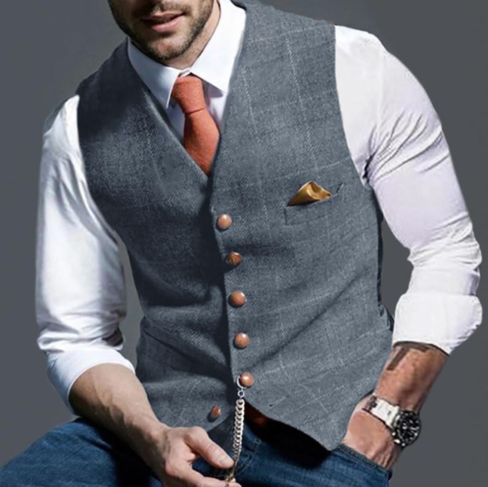 Jiangnan D Heren Casual Plaid Vest Heren Slim Vest Heren Jas Vintage Wol Visgraat Retro Satijn L