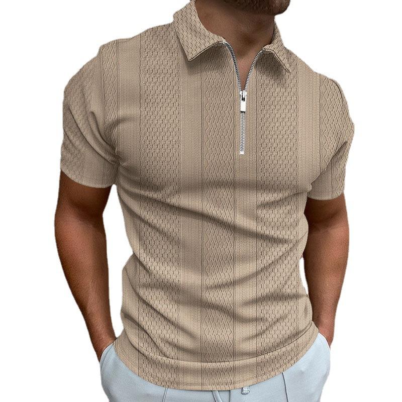 WowClassic Zomer herenpoloshirt effen korte mouw polohals T-shirt casual verticale jacquard herentop XXXL donkere kaki kleur