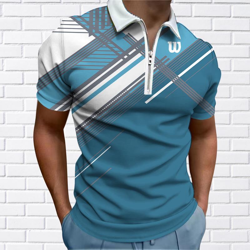 Happy Show Men's Shirt Polo Casual Zip Short Sleeve Fashion Casual Zipper Summer Spring Regular Fit 3D Thin Lines Print Shirt S blauw