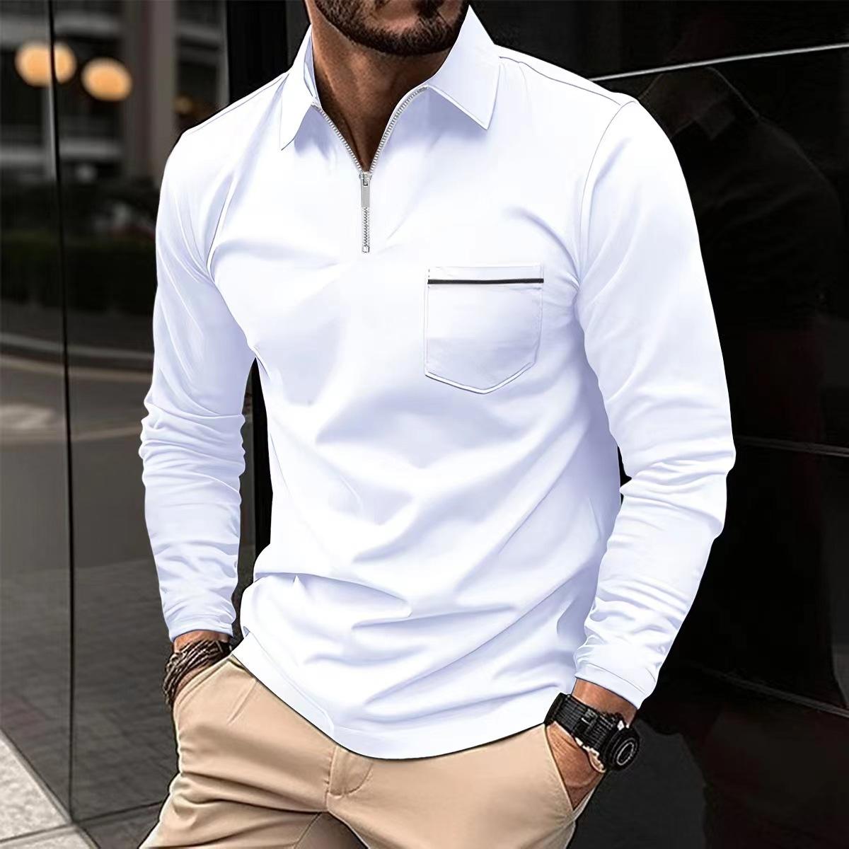 Fashion human Mode Polo Shirt Rits Zak Heren Lange Mouw Sport Polo Shirt Effen Kleur Top L wit
