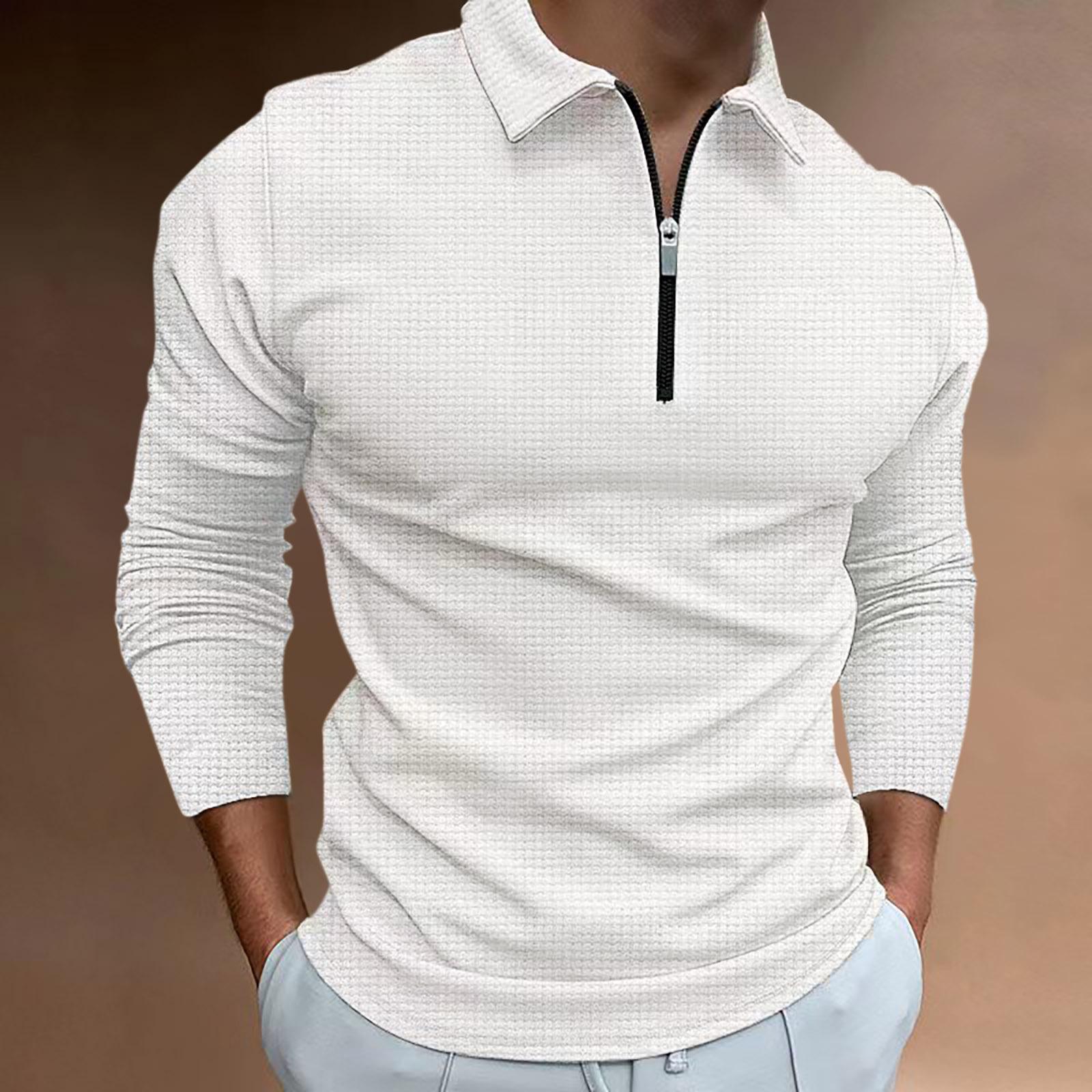 Fashion human Nieuwe wafel rits lange mouw polo shirt heren T-shirt tops S wit