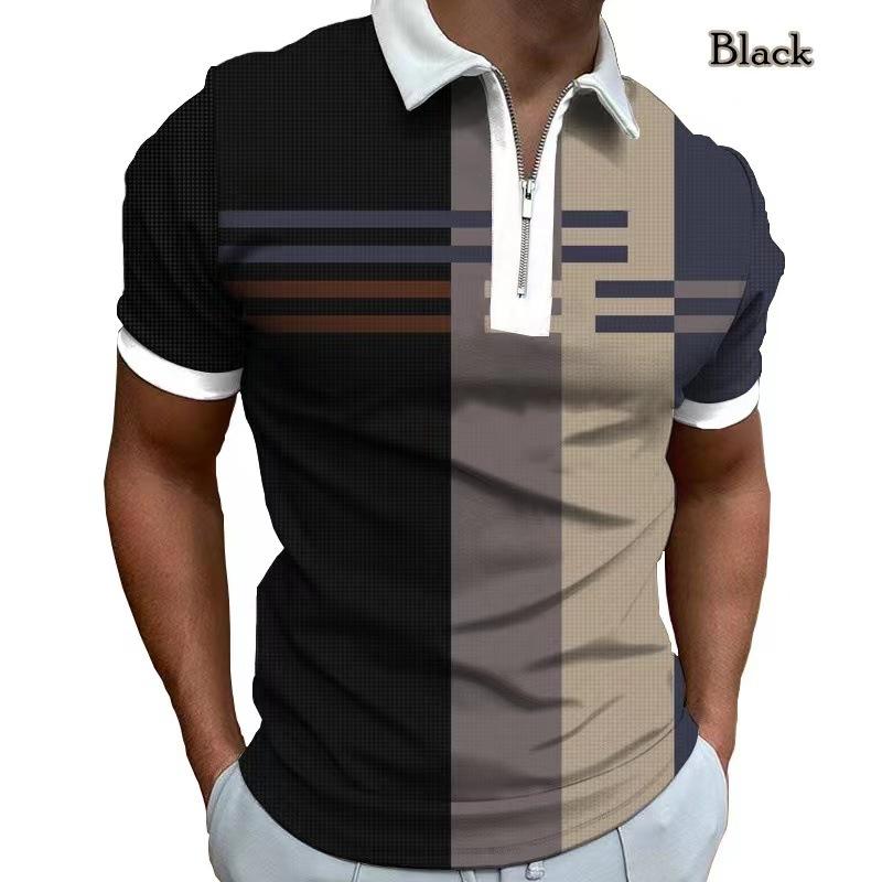 Fashion human Nieuw bedrukt poloshirt met rits, vierkante kleurblokken, heren t-shirts en tops XXL zwart