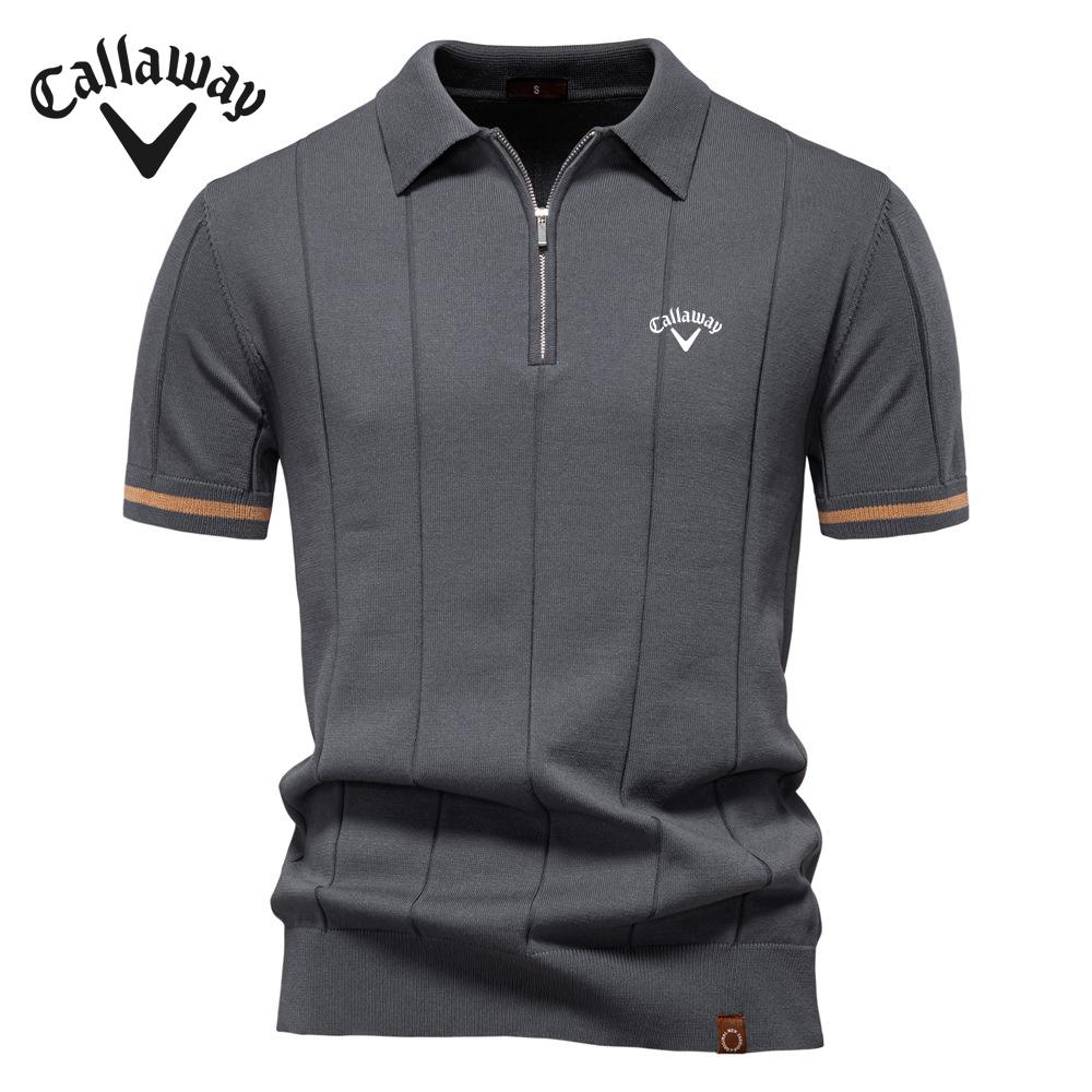 Callaway 2025 Lente/Zomer Geborduurde Nieuwe Heren Business Casual Wollen Poloshirt, Gebreid Poloshirt met Opstaande Kraag, Korte Mouw L grijs