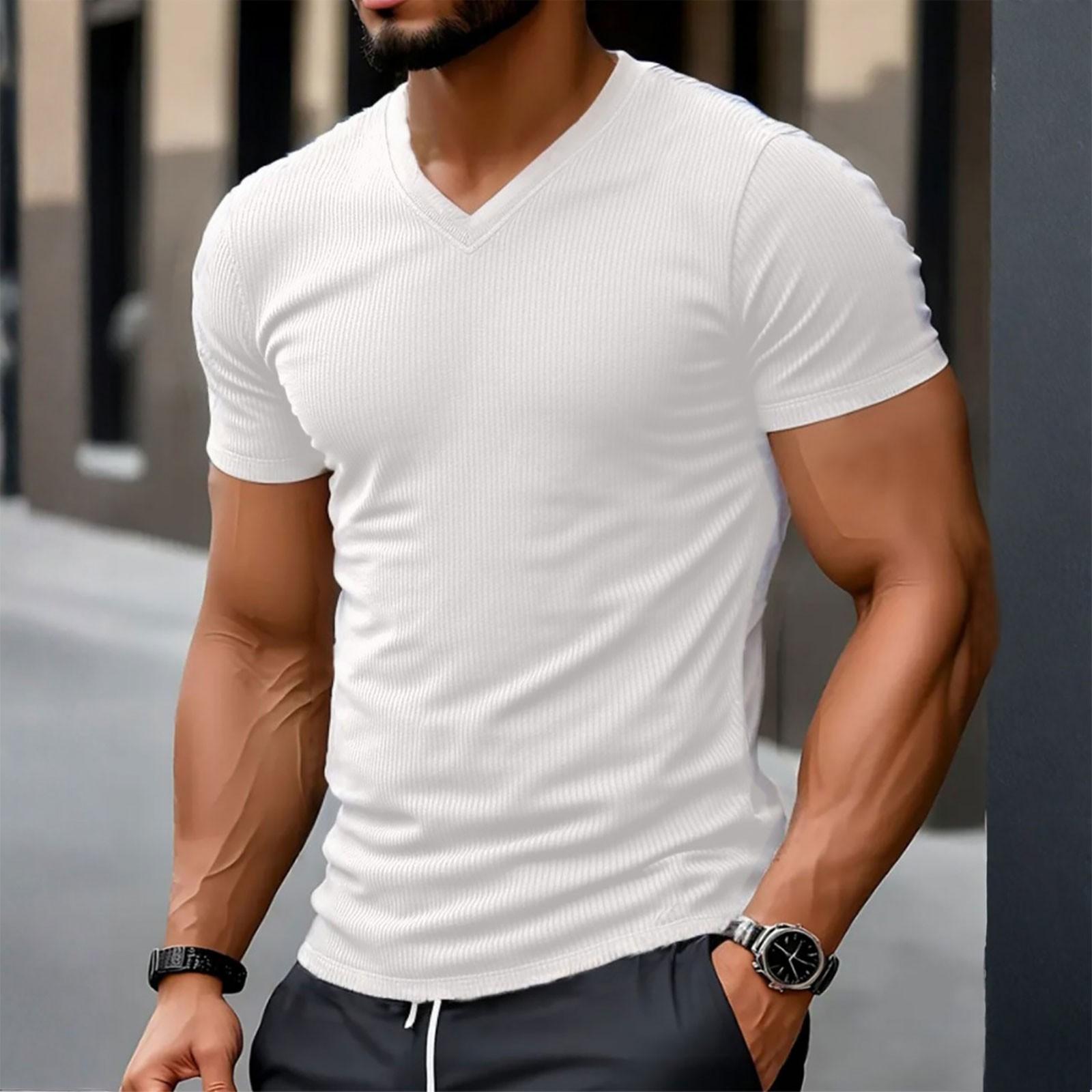 Ren Peishi Men's Breathable Casual Solid Color Heart-Shaped Collar Textured Muscle Fit Athletic Workout T-Shirt XL wit