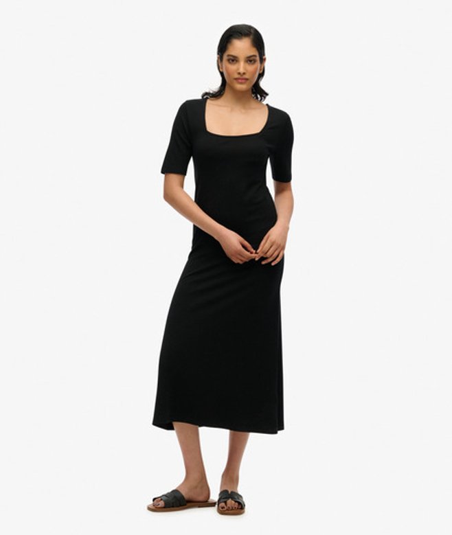 Superdry Jersey Midi-jurk met Korte Mouwen en Vierkante Hals Black