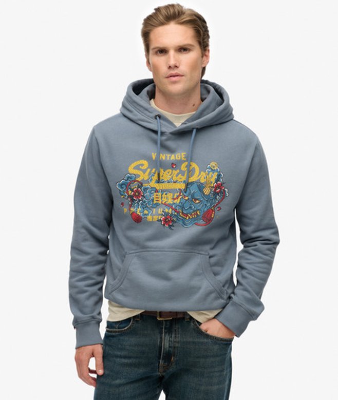 Superdry Tokyo Hoodie met Vintage Logo en Relaxte Pasvorm Blue